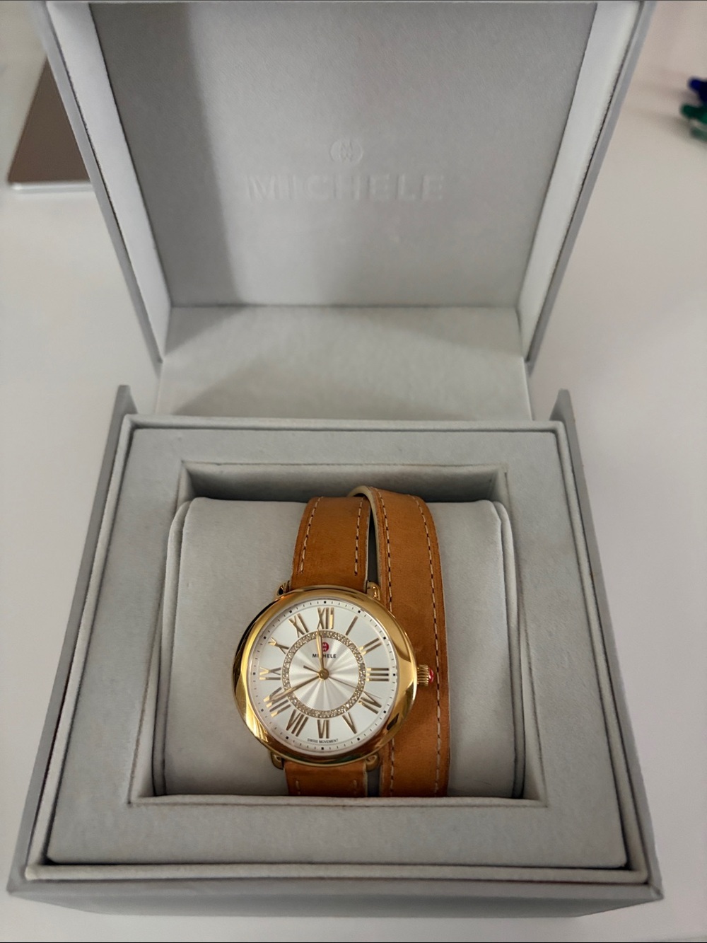 Michele Gold-Tone Watch with Inner Diamond Dial and Double-Wrap Leather Strap